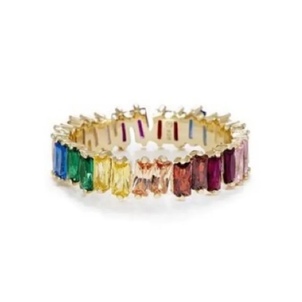 sz 5 new! chunky baguette ring eternity band emerald cut gemstones rainbow